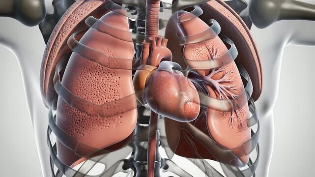 Detailed Medical CGI Visualization of Chest Cavity Cross-Section Featuring Lungs and Heart Anatomy on Neutral Background