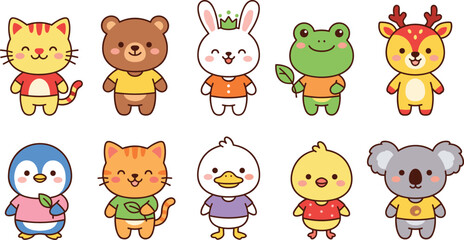 Fototapeta premium Cute Animal Characters Including Cat, Bear, Rabbit, Frog, Deer, Penguin, Duck, Koala, and More in Colorful Outfits for Kids Illustration in Kawaii Style