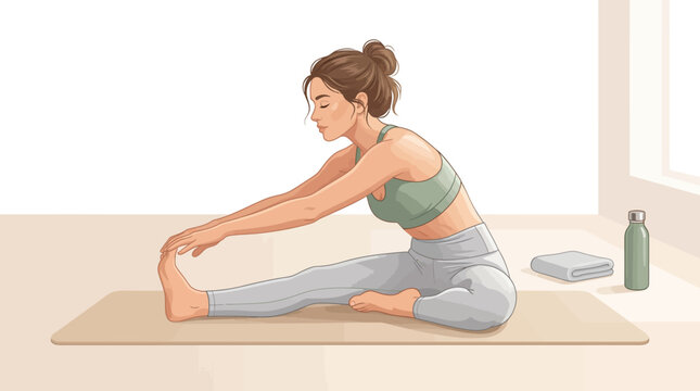 Illustration of a young woman performing a seated leg stretch on a yoga mat after a workout