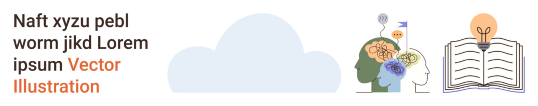Education, innovation, knowledge sharing, technology, mental health, creativity. A cloud, two human profiles with brain icons and an open book with a lightbulb icon. Education and innovation concept
