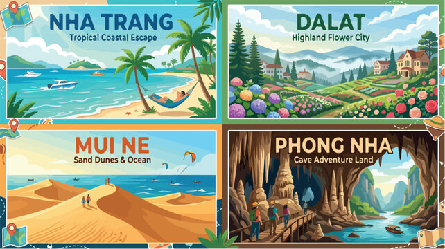 Vintage travel posters of Vietnam, set of 4 retro postcards featuring tropical beach, highland flower city, sand dunes and limestone caves isolated PNG with Transparent Background