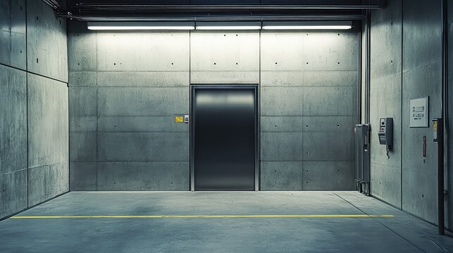 Underground facility featuring a modern elevator door and concrete walls