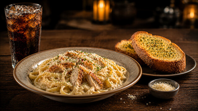Delicious italian meal with pasta, chicken, garlic bread, and a cold soda on a wooden table in a cozy restaurant setting with candles