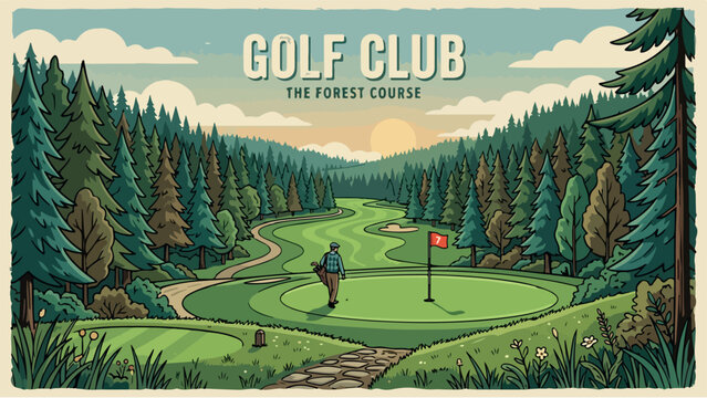 Vintage golf club poster illustration, scenic forest course landscape with golfer, retro sports club banner with pine trees and green fairway isolated PNG with Transparent Background