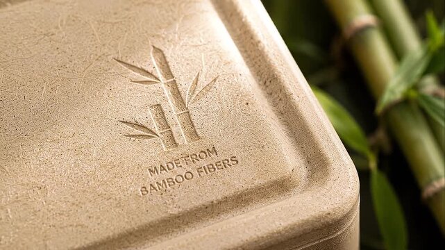 Eco packaging innovation biodegradable bamboo fiber container with embossed leaf logo and bamboo texture reflecting sustainable natural material