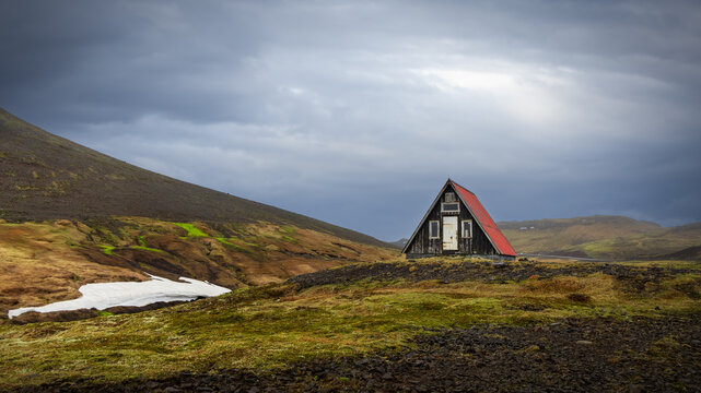 Isolated A frame cabin in remote Iceland landscape