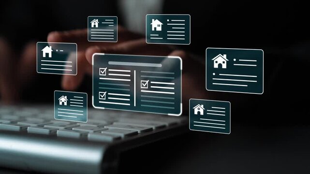 Digital interface showcasing real estate listings and data management with futuristic elements for real estate and technology concepts Gluon.
