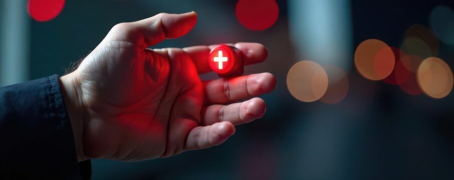 Close-up of hand activating a red emergency button , system, indicator, press
