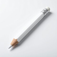 Obraz premium A clean white pencil with a sharpened graphite tip and silver-banded eraser on a bright white surface