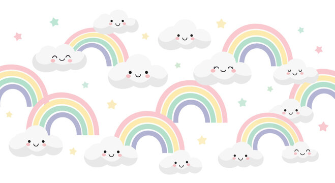 Cute Kawaii Rainbows and Clouds Seamless Pattern, Pastel Colors, Children's Design