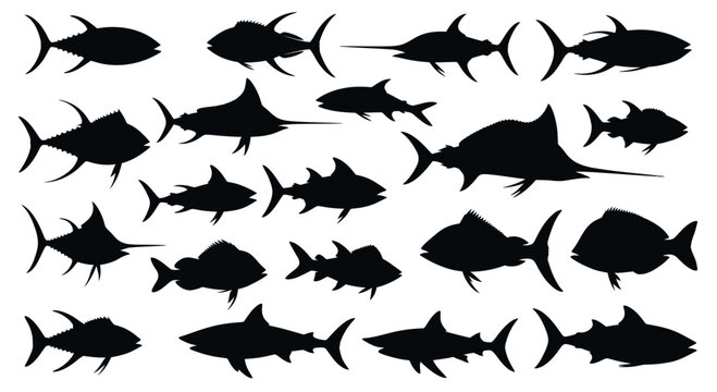 Diverse Fish Silhouettes Collection - Tuna, Marlin, Shark, Swordfish & More