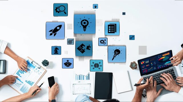 Innovation icons show creativity, teamwork, and project development. Innovation helps organizations design solutions, build strategy, and grow with new business opportunities. Funnel