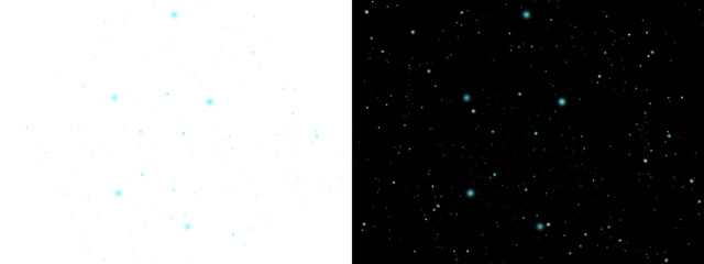 Sparkling blue and white particles floating in the darkness of space, on transparent or black background © Irene Kulinchyk