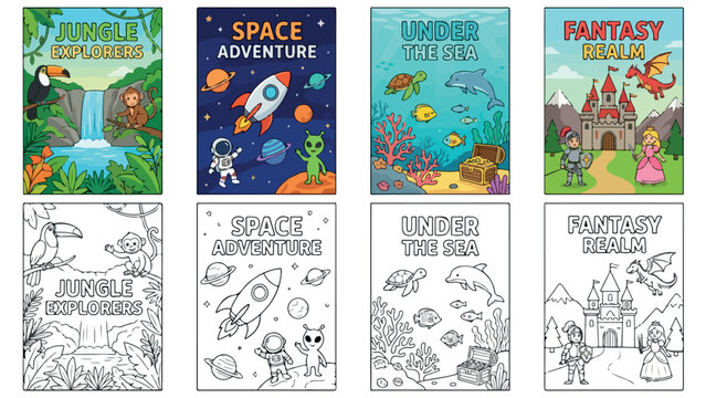 Cartoon coloring book covers set, children adventure book illustrations with jungle, space, underwater and fantasy themes, 8 vector templates isolated PNG with Transparent Background