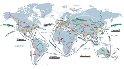 World Map with Shipping Routes Lines. © Fahmi Fah