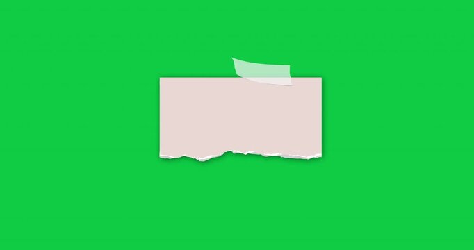 Color sheet of paper, rip pieces with torn adges. Animated paper pieces with sticky tape stuck on green. Blank mockup for text for presentation, advertising, website. 4K video graphic