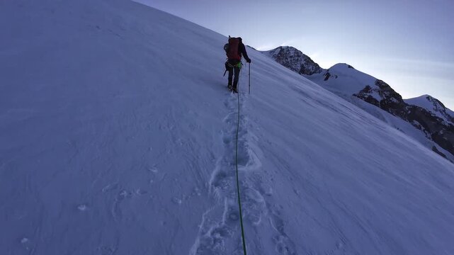 POV mountaineering in rope team with mountaineers ascending towards mountain Lyskamm and glacier panorama against the wind in the morning in Pennine Alps, Italy