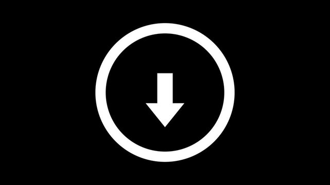 Fading white download arrow icon in circle on black. 4K Video