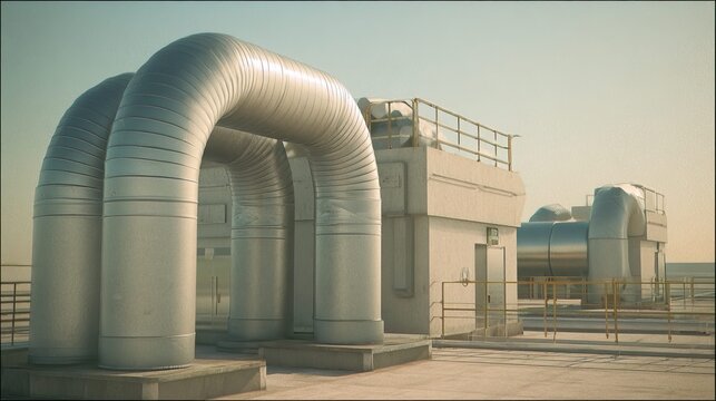 Industrial rooftop ventilation system with metallic ducting and pipes