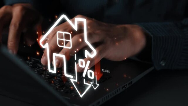 Hands Typing on Laptop Keyboard with Mortgage and Real Estate Data Visuals Illustrating Financial Concepts and Housing Market Trends Sigmoid