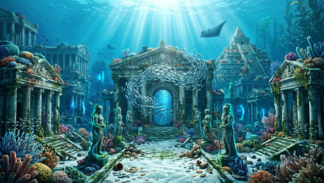 Ancient lost civilisation city submerged underwater with coral encrusted marble temples stone statues silver fish school god rays manta ray and kelp forest
