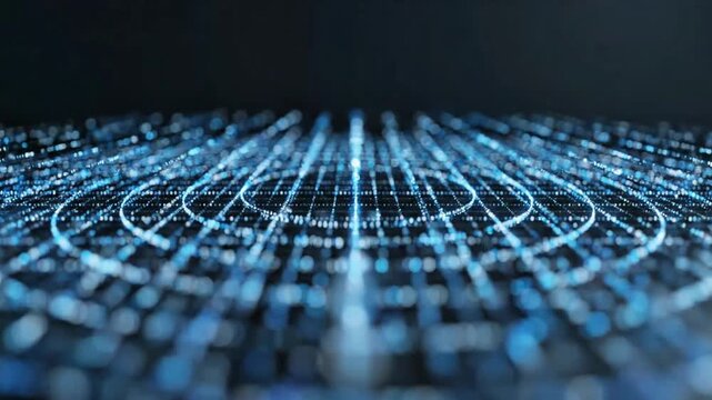 Abstract blue digital grid with glowing concentric circles representing data flow and advanced technology concepts.