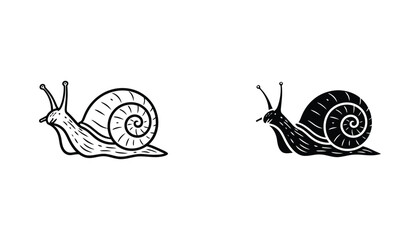 Garden snail with spiral shell icon in detailed hand drawn style and solid black vector design © Ryan