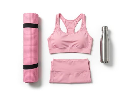 Pink yoga set with mat, sports bra, shorts, and water bottle isolated on white background