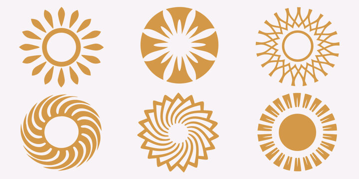 Golden sun spiral logos abstract geometric shapes on a light background