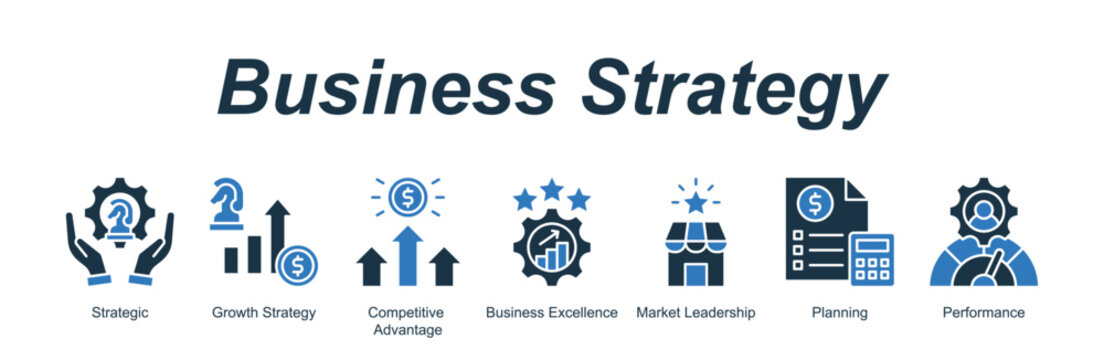 Business Strategy banner web icon vector illustration concept with an icon of Strategic, Growth Strategy, Competitive Advantage, Business Excellence, Market Leadership, Planning, Performance 