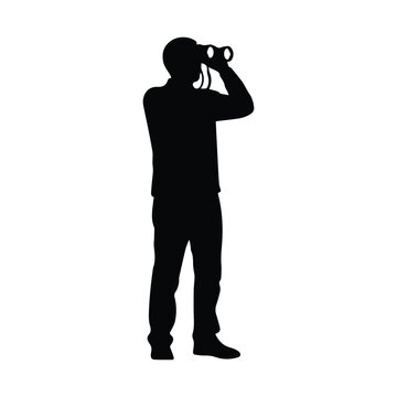 Silhouette of man looking through binoculars isolated