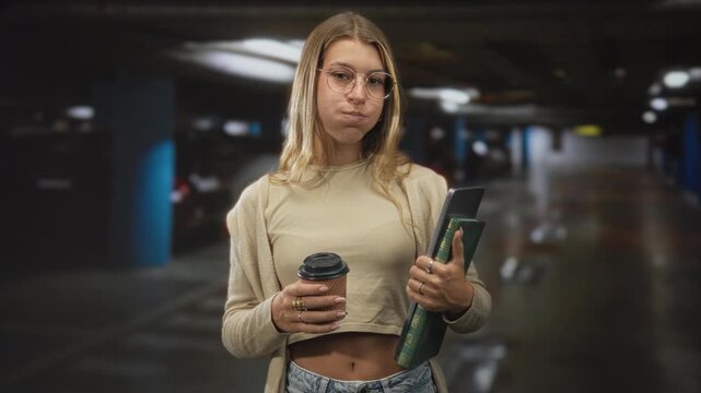Woman holding coffee cup and notebook, puffs cheeks while holding a green folder in an underground parking building; tired waiting.