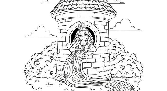 Rapunzel, princess in tower, black and white illustration, vector fairy tale character, coloring book page