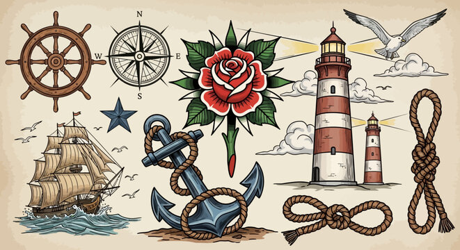 Nautical tattoo, vintage anchor, ship wheel, lighthouse icons, 9 marine symbols