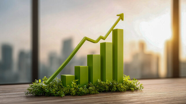 A green histogram of wooden bars growing out of leaves, with a glowing arrow pointing upwards against the backdrop of a blurred city.