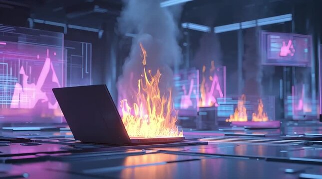 Laptop Fire and Smoke Damage in Futuristic Technology Lab