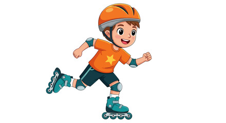 Cartoon boy, rollerblading, orange helmet, inline skates, safety gear