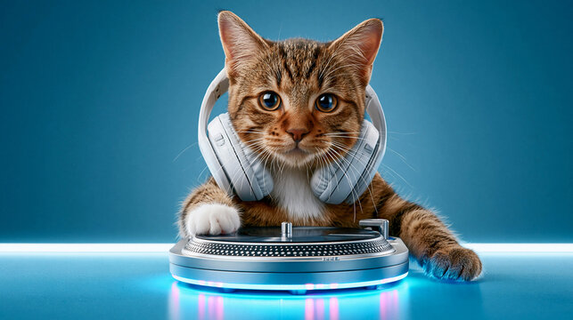 A close-up of a cat wearing white headphones sitting at a DJ console, touching a vinyl record player with its paw on a blue background with neon lighting.