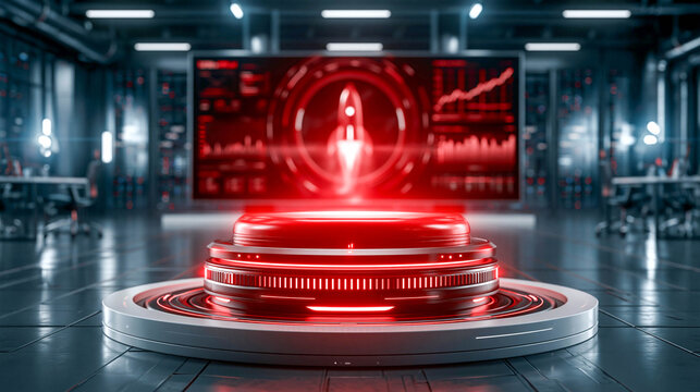 A command center with a red launch button and digital panels, an abstract rocket and growth charts on the main screen, and the concept of a startup, innovation, and business breakthrough.