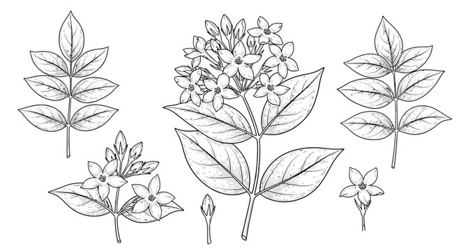 Hydrangea flowers, leafy botanical illustrations, line art set, floral elements