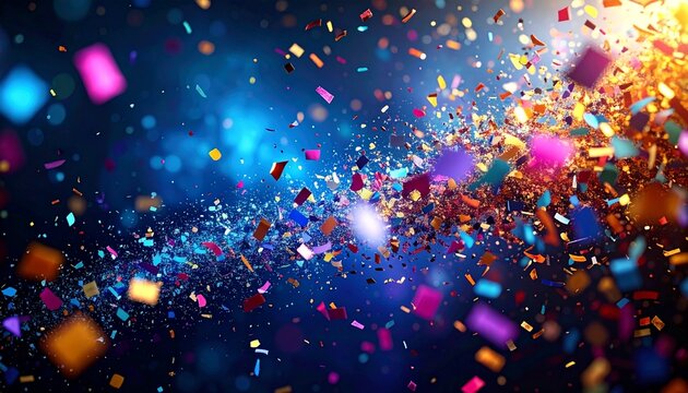 Dynamic explosion of colorful confetti on blue party backdrop