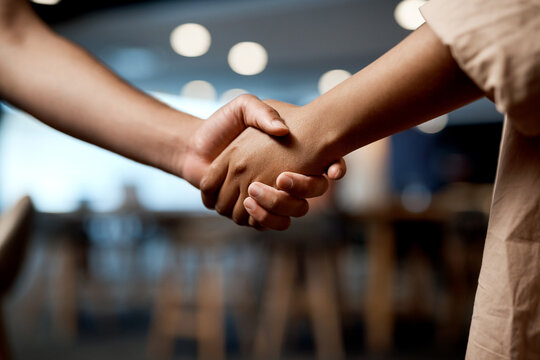 Shaking hands, welcome and agreement for recruitment at office with success, onboarding or hiring at company. Business people, handshake and thanks for deal, congratulations or interview at HR agency