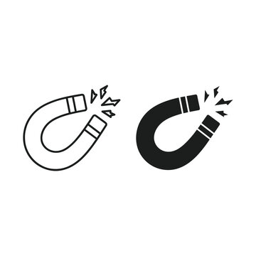 Horseshoe magnet vector icon set, magnetic force field symbol, black and white physics attraction graphics