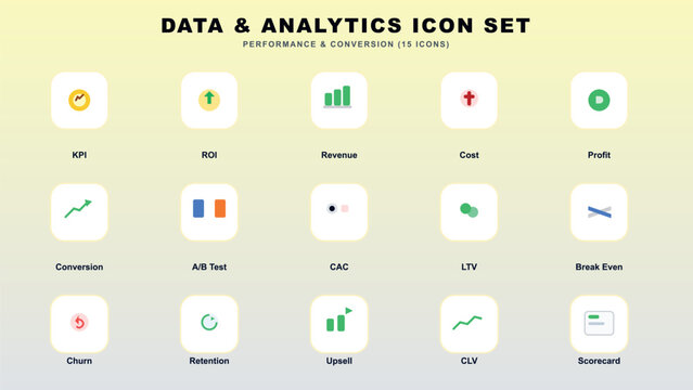 Comprehensive data and analytics icon set for performance tracking Vector