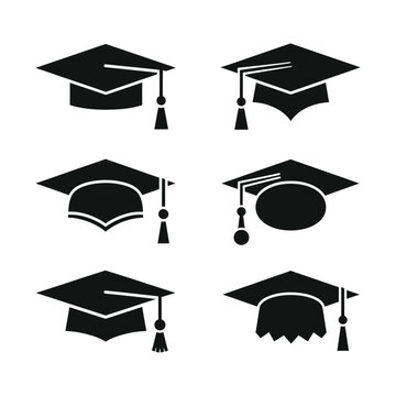 Graduation cap icon set, 6 black mortarboard vector elements, academic hat symbols for school achievement