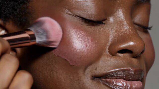 Closeup of smiling woman applying pink blush to her cheek at home during daytime, showing her happiness and confidence in beauty routine