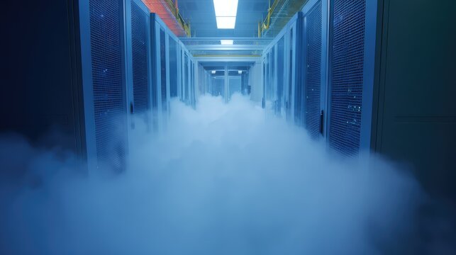 Server room cooling with fog for data storage