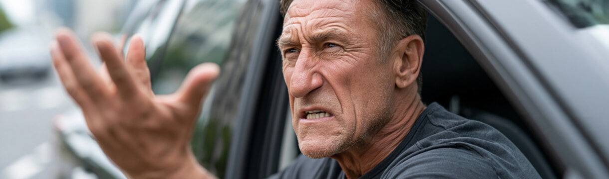 Frustration on the Road: An older man expresses his annoyance while driving, his face etched with frustration and a raised hand in a gesture of discontent. Capturing a relatable moment of road rage