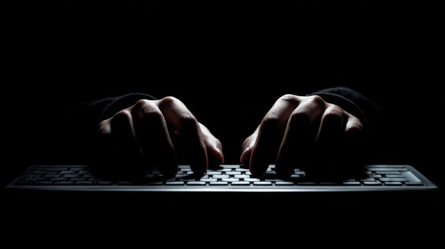 Hands of a person typing on a illuminated keyboard in a dark room