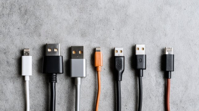 A collection of assorted USB cables of varying types against a neutral grey background.